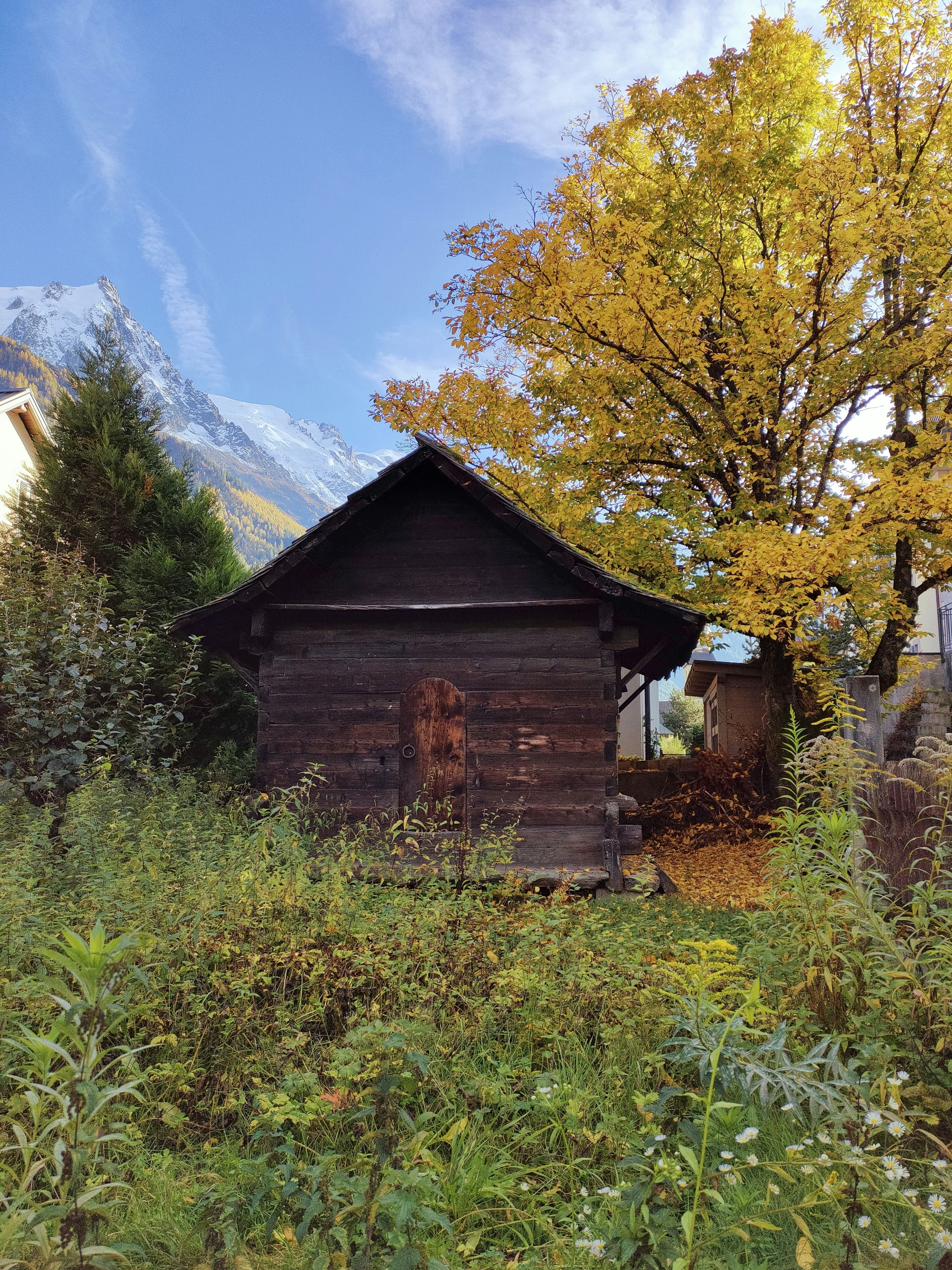 Une petite cabane dans un champ avec des montagnes en arrière-plan
