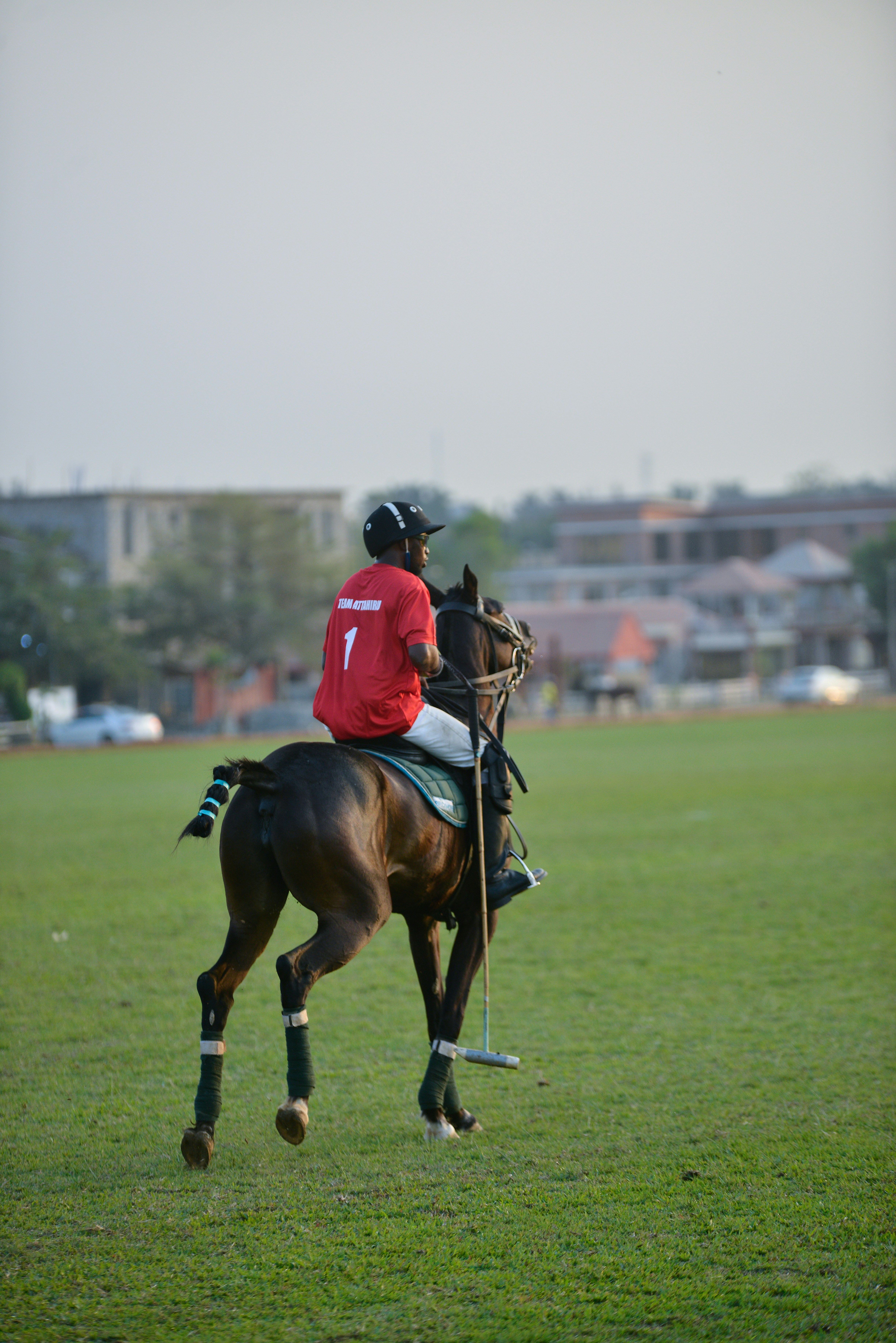 A man riding on the back of a brown horse