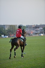 A man riding on the back of a brown horse
