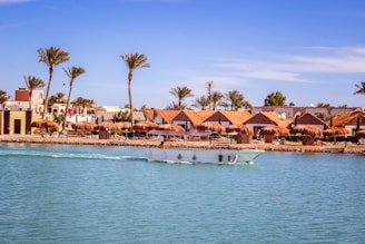 A boat traveling down a river next to a beach