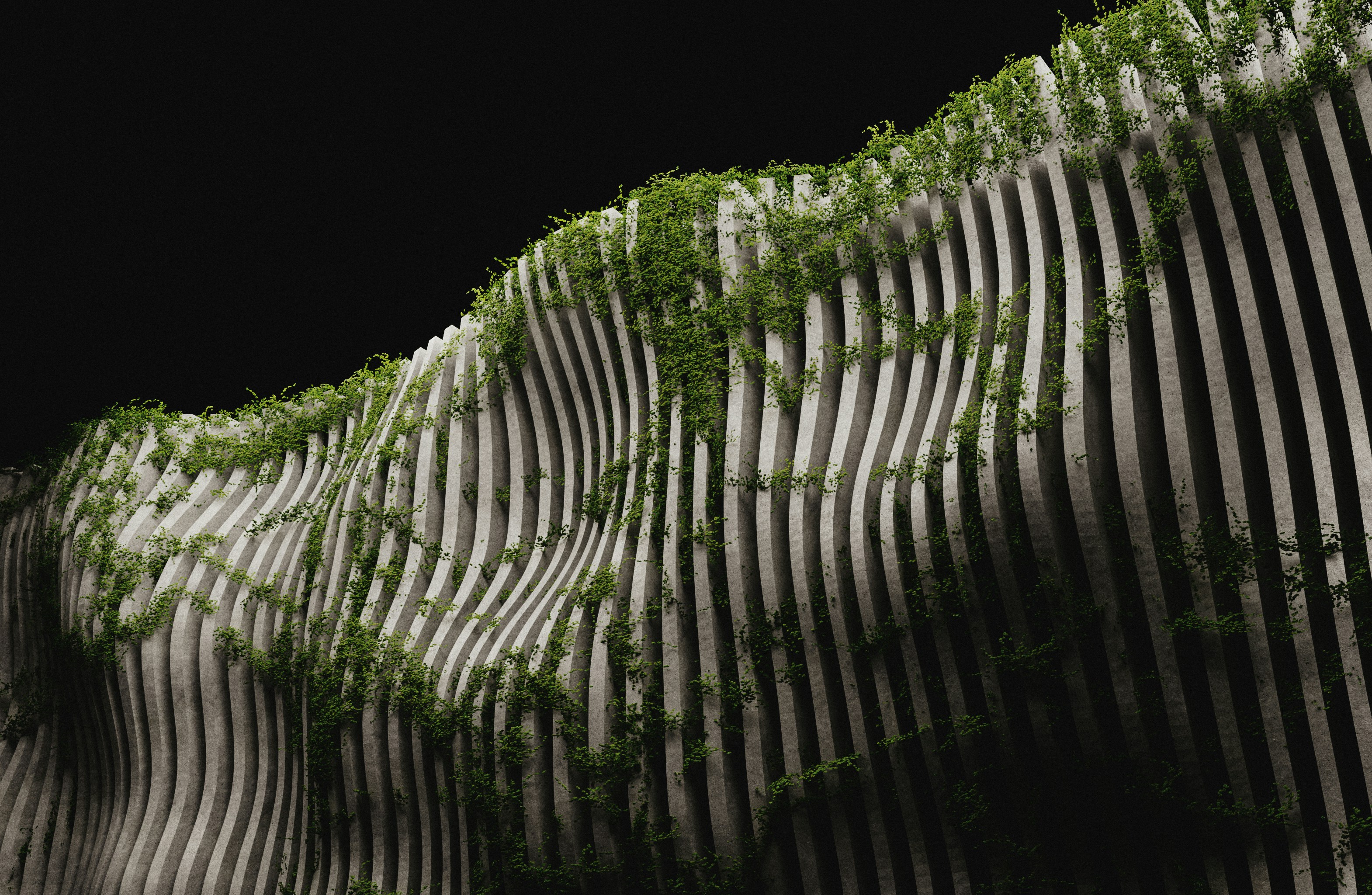 A black and white photo of a wall with grass growing on it