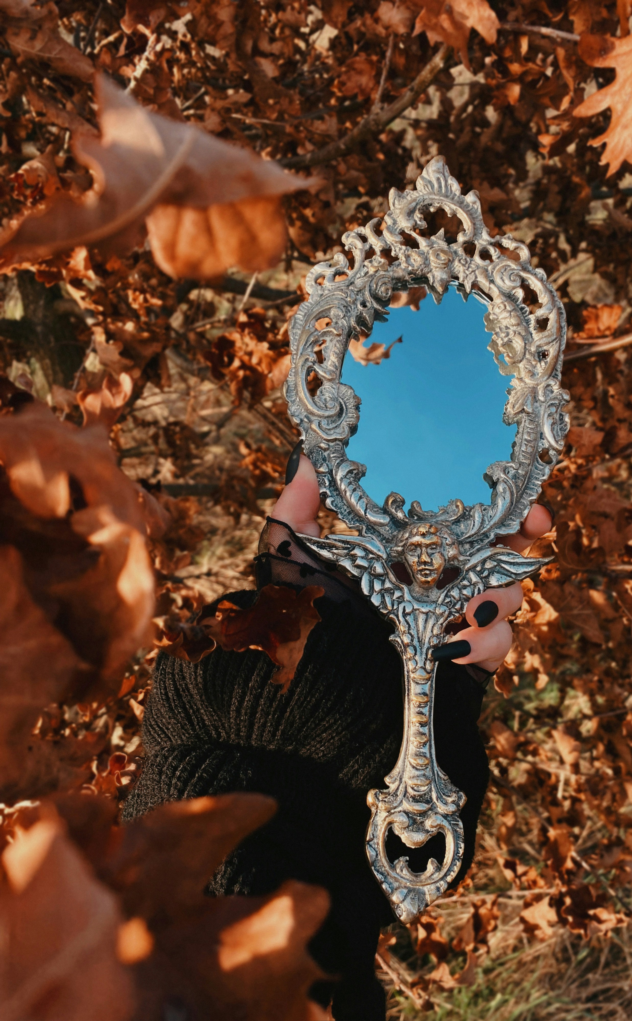 A person holding a mirror in their hand