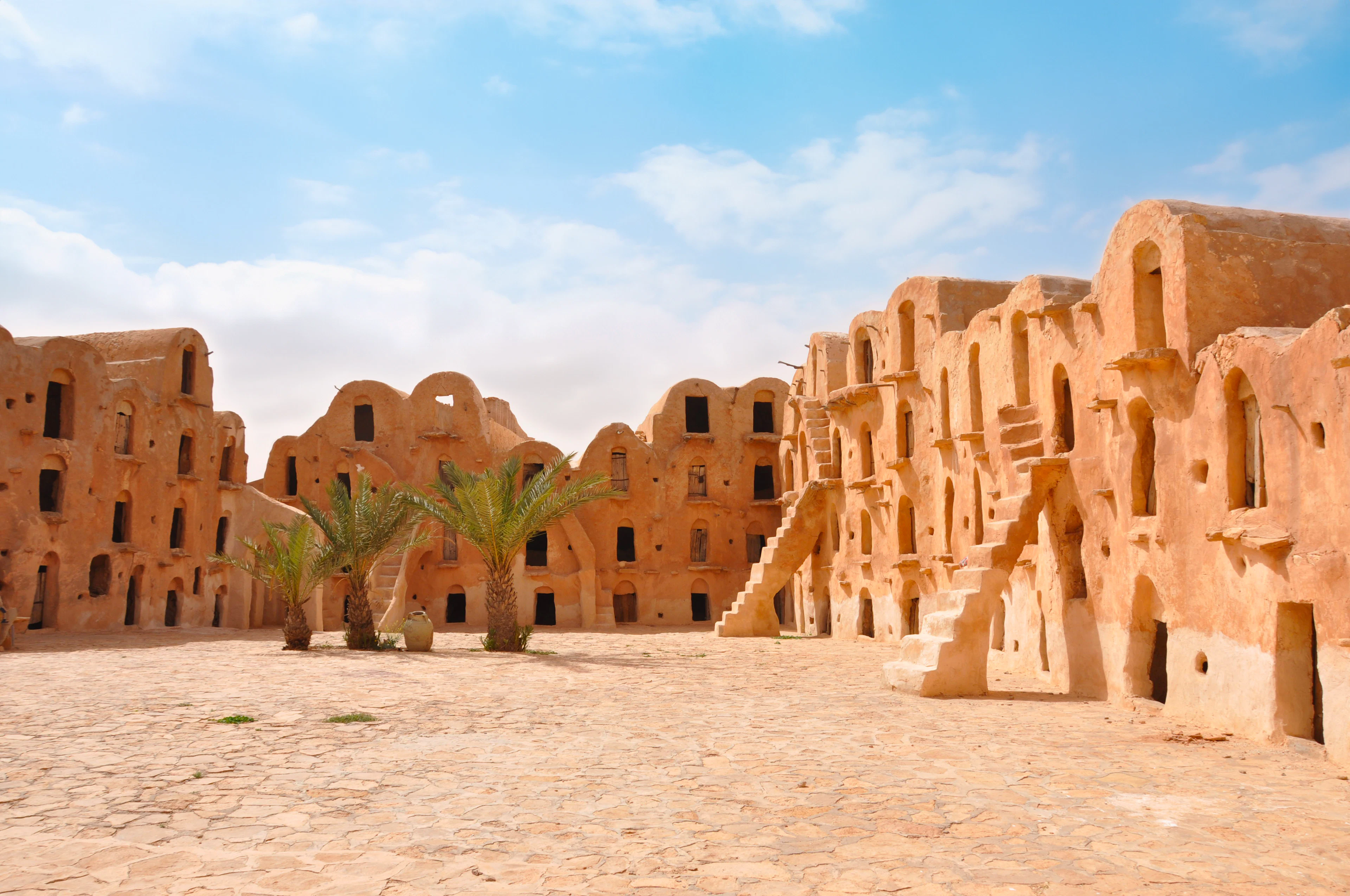 Ochre ghorfas of a fortified granary in southern Tunisia