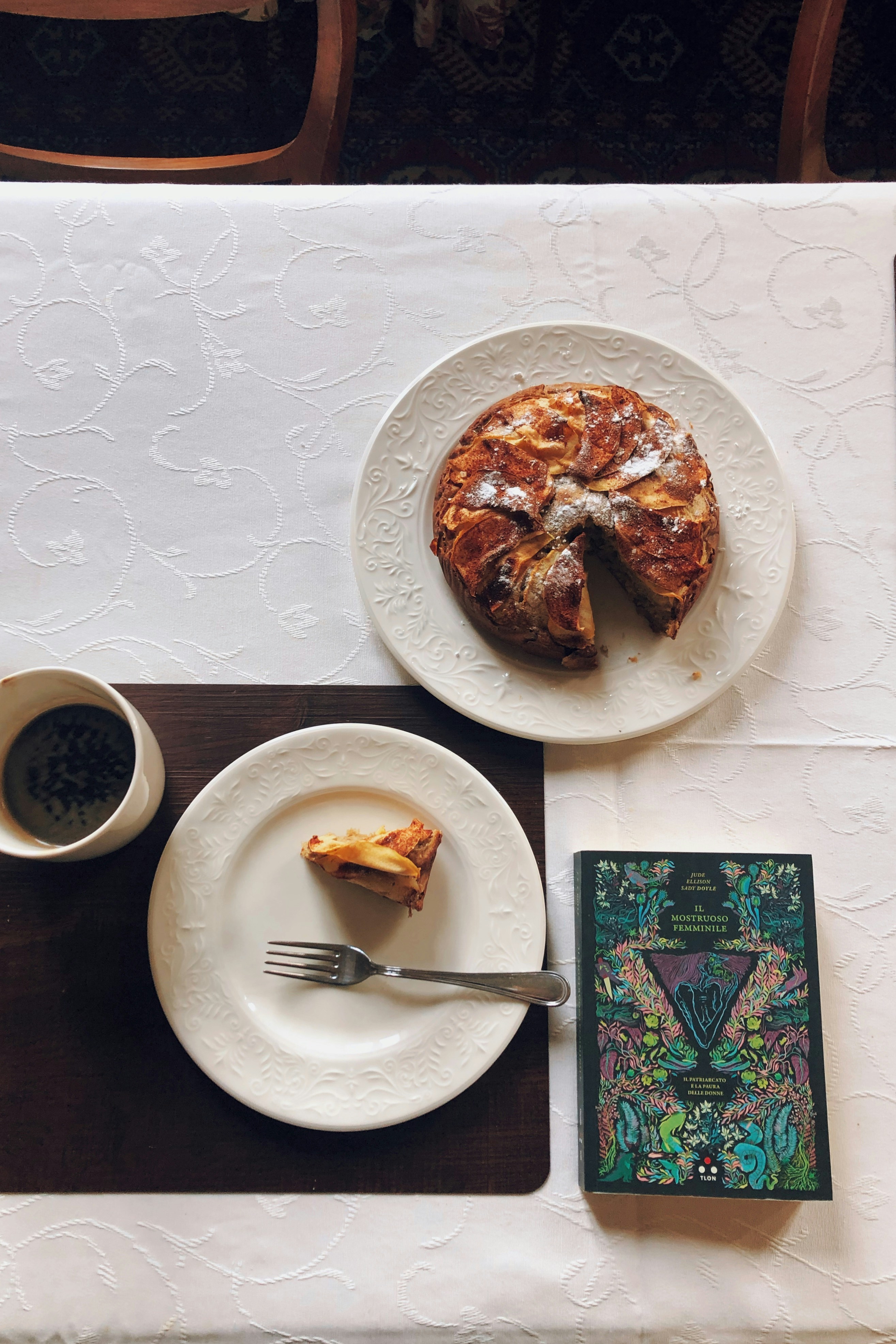 A table topped with plates of food and a cup of coffee