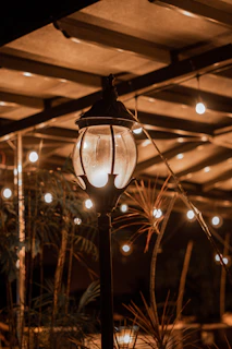 A street light sitting under a roof covered in lights