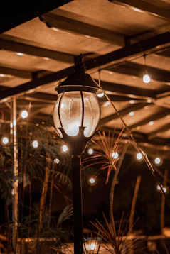 A street light sitting under a roof covered in lights