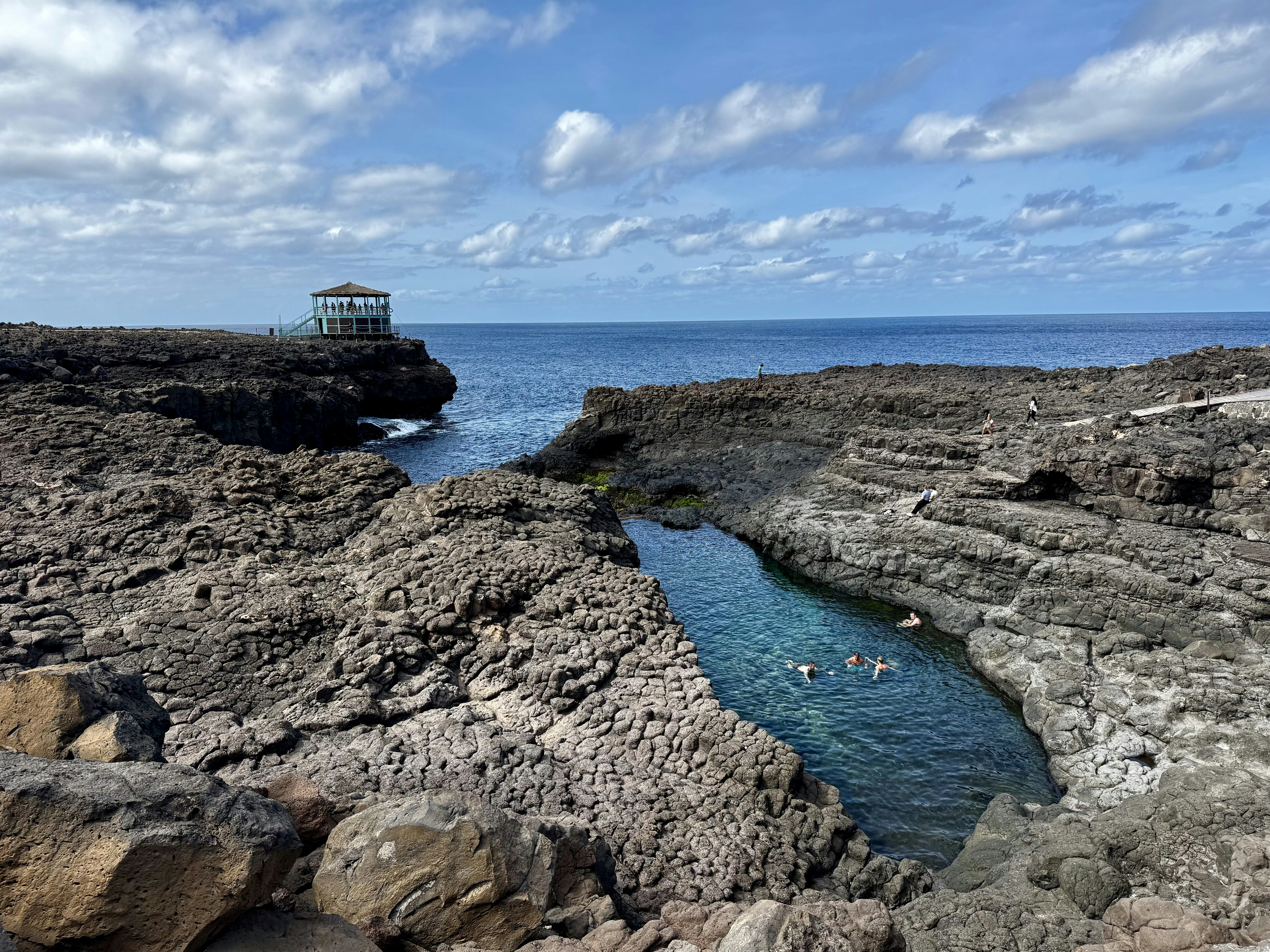 A body of water surrounded by rocks and a lighthouse