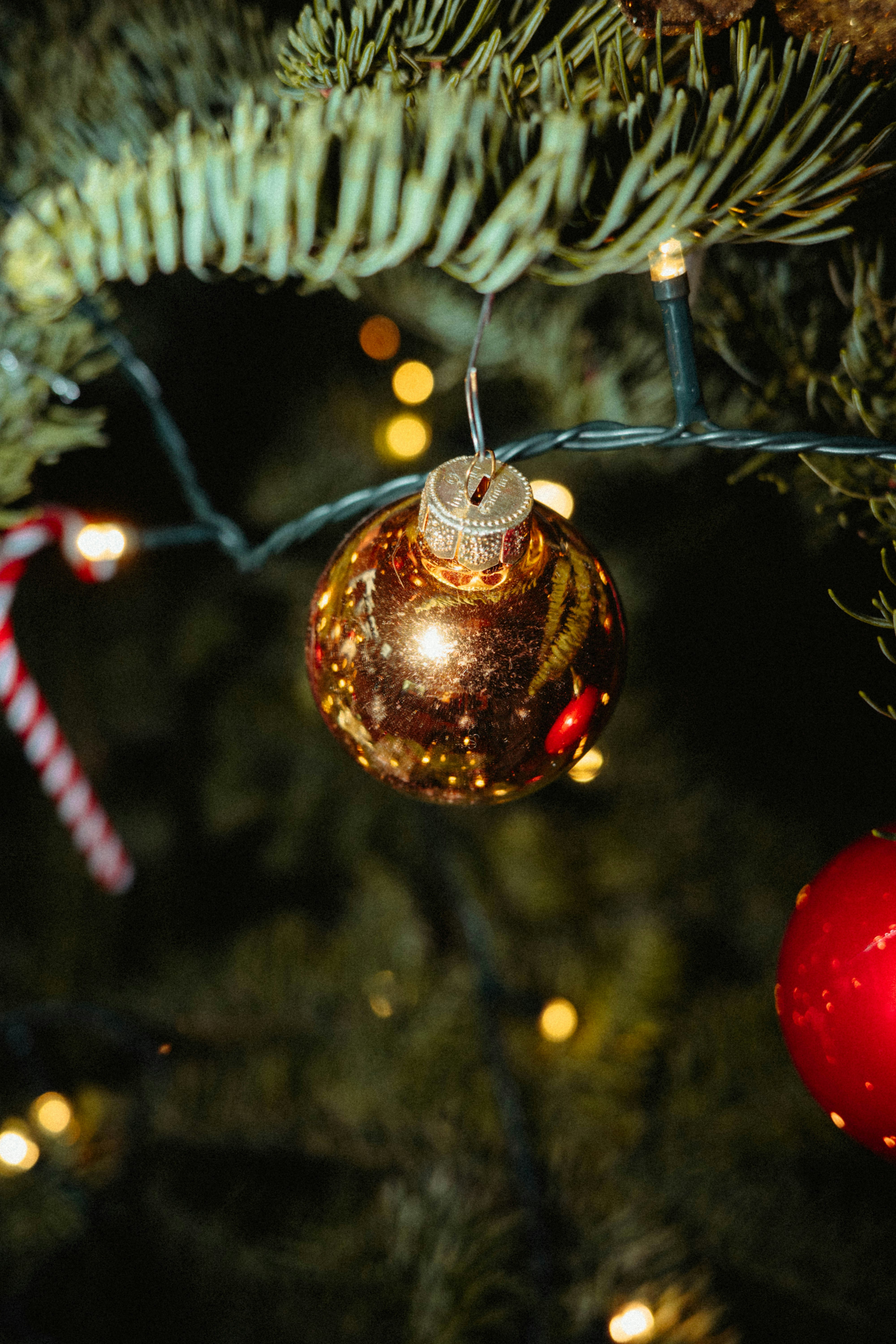 Un primer plano de un árbol de Navidad con adornos