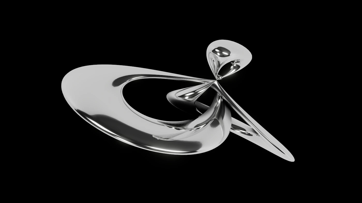A fluid silver sculpture against a black background