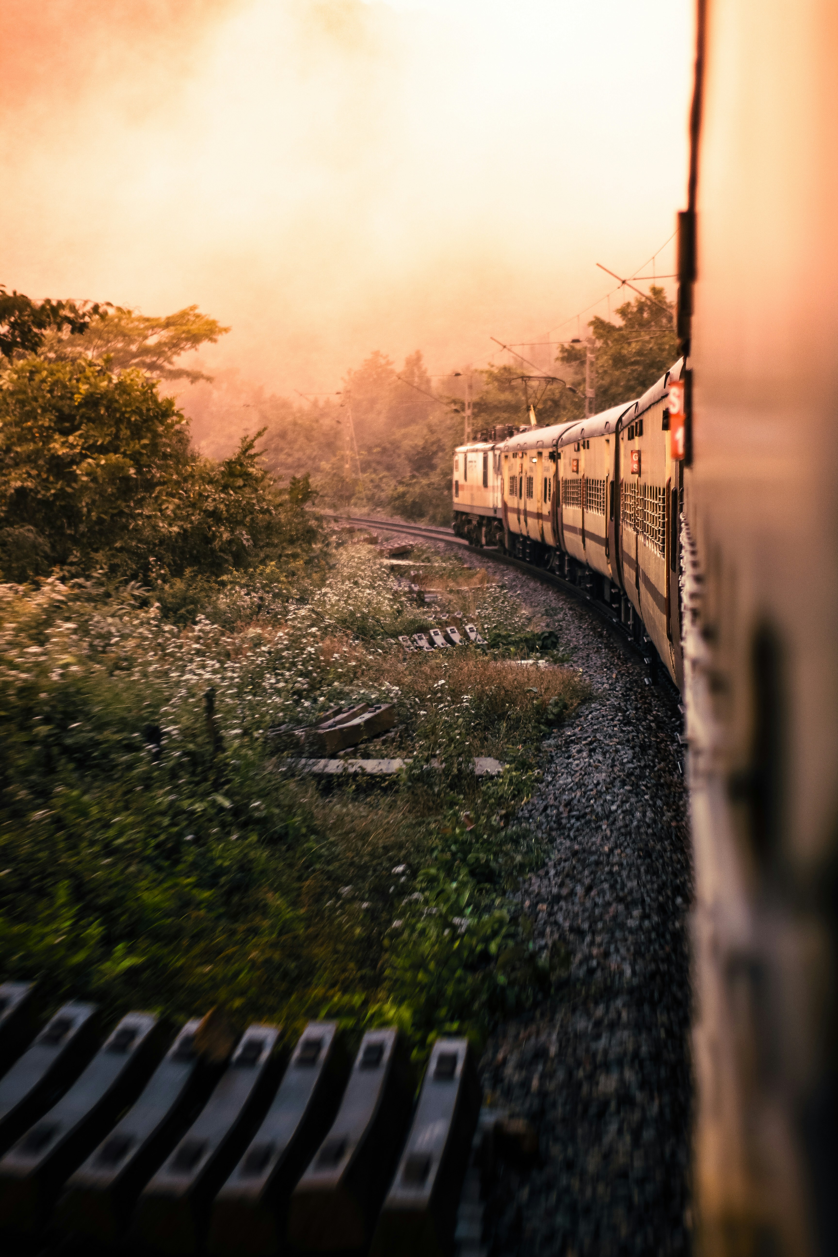 A train traveling down train tracks next to a forest