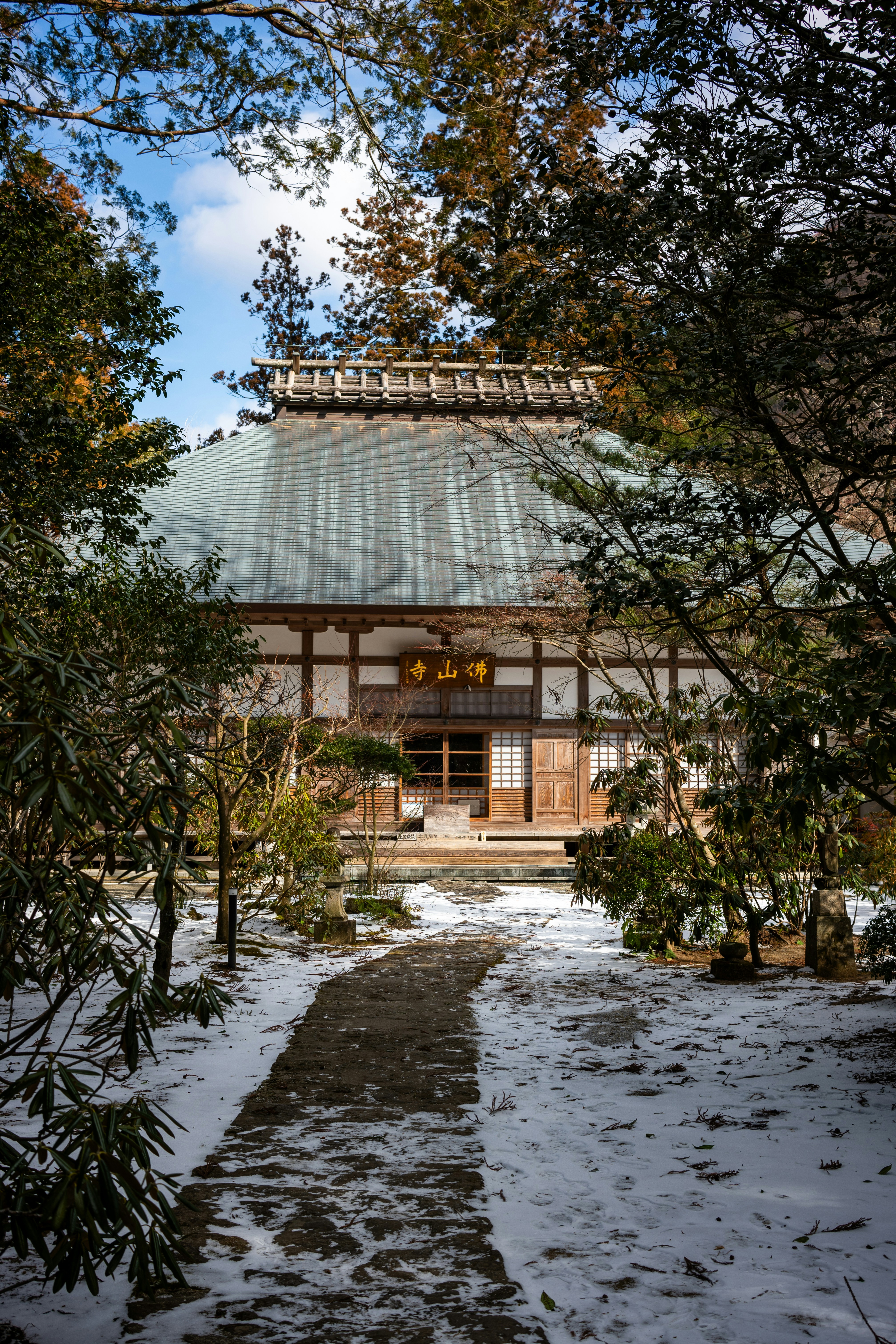 A building with a metal roof surrounded by trees