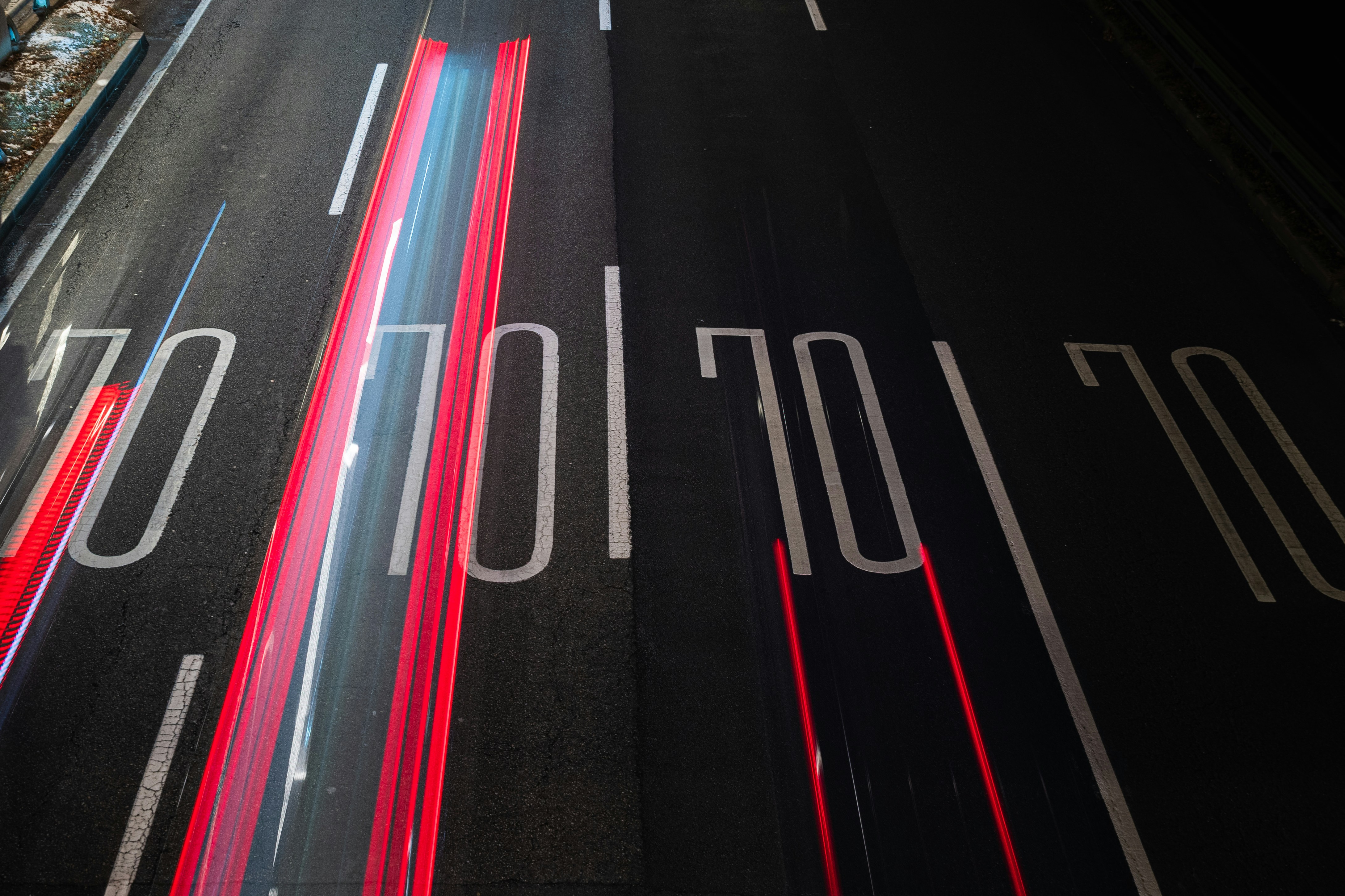An aerial view of a city street at night