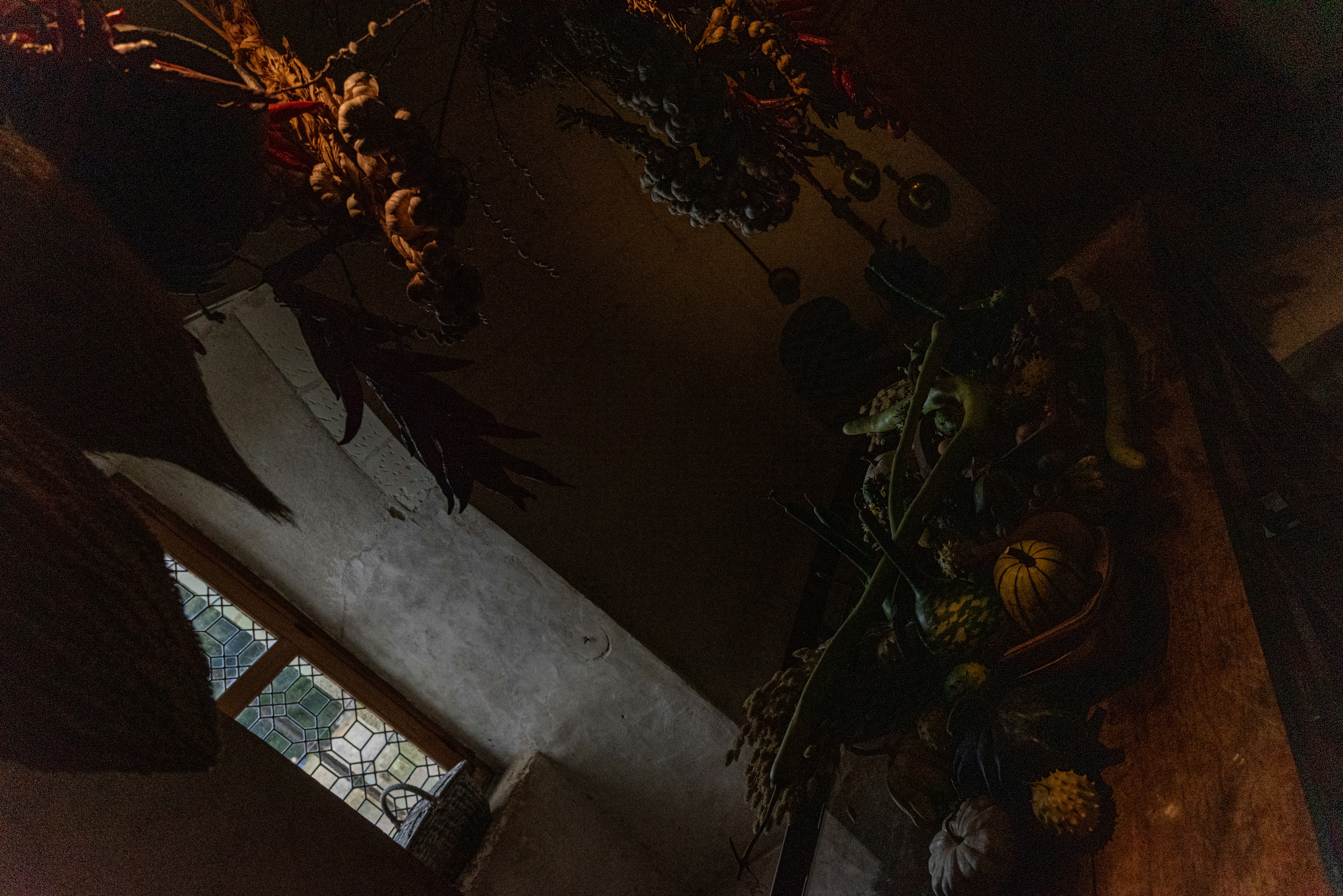An overhead view of a kitchen with a stove top oven