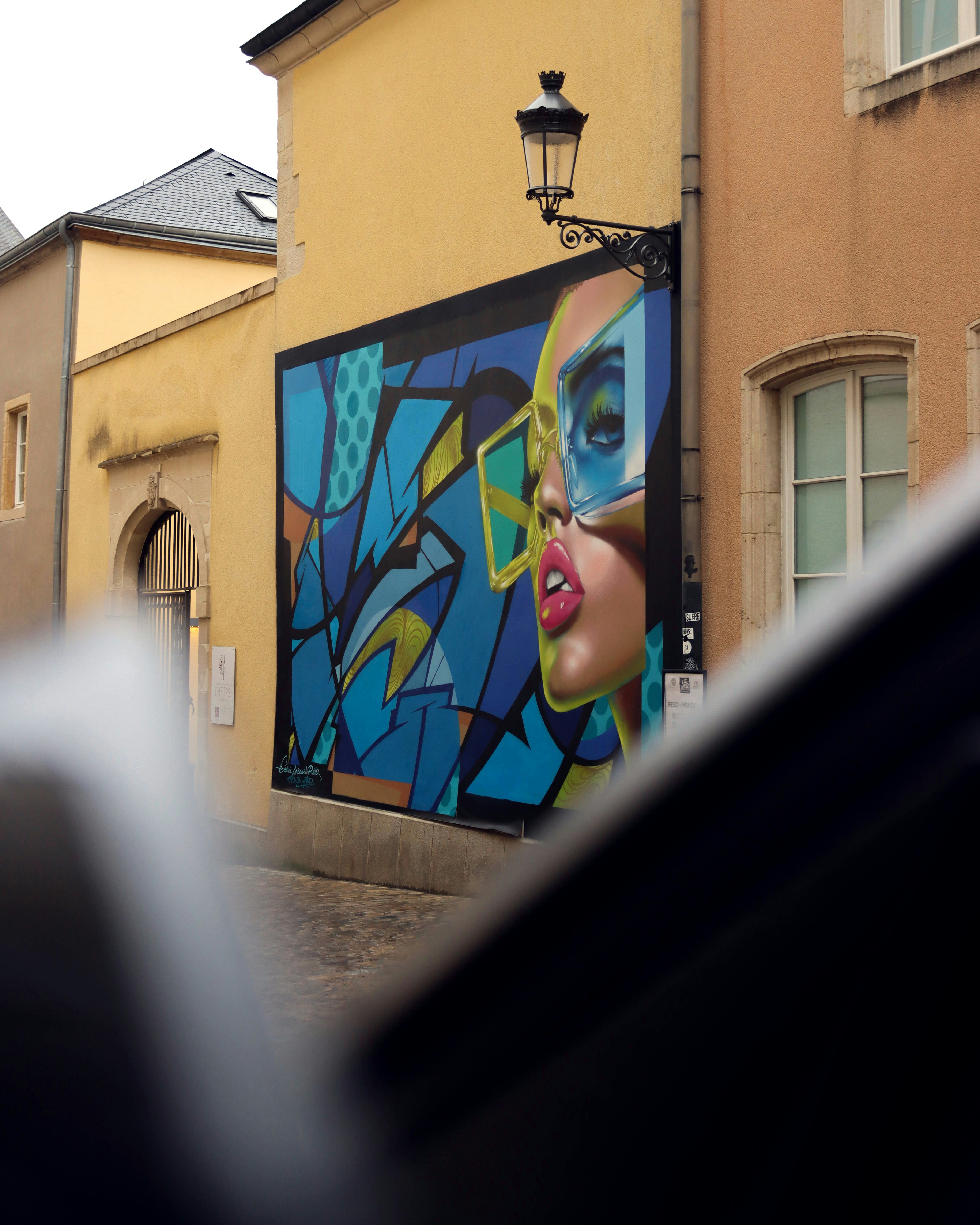 A painting of a woman's face on the side of a building