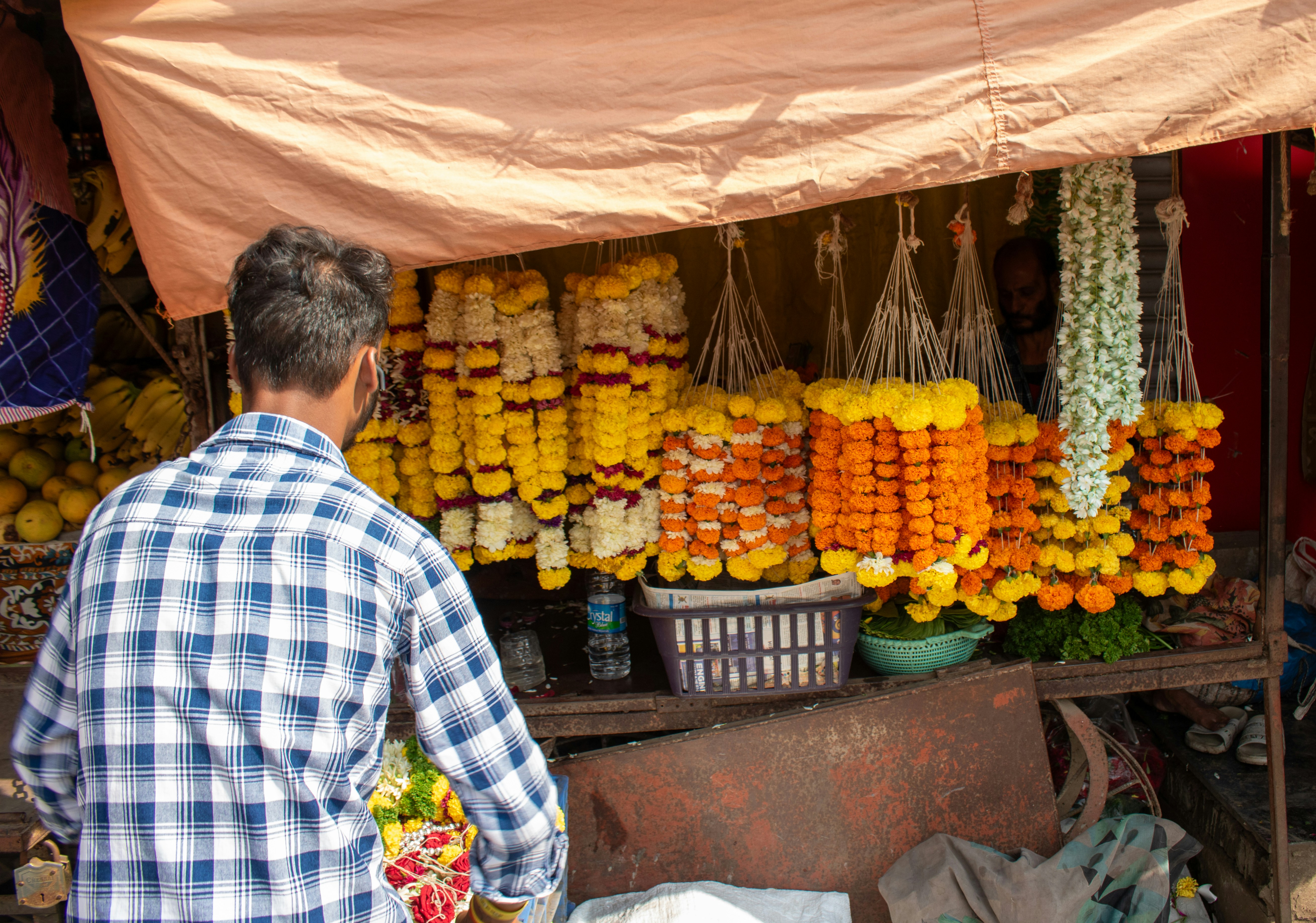 A man standing in front of a fruit stand