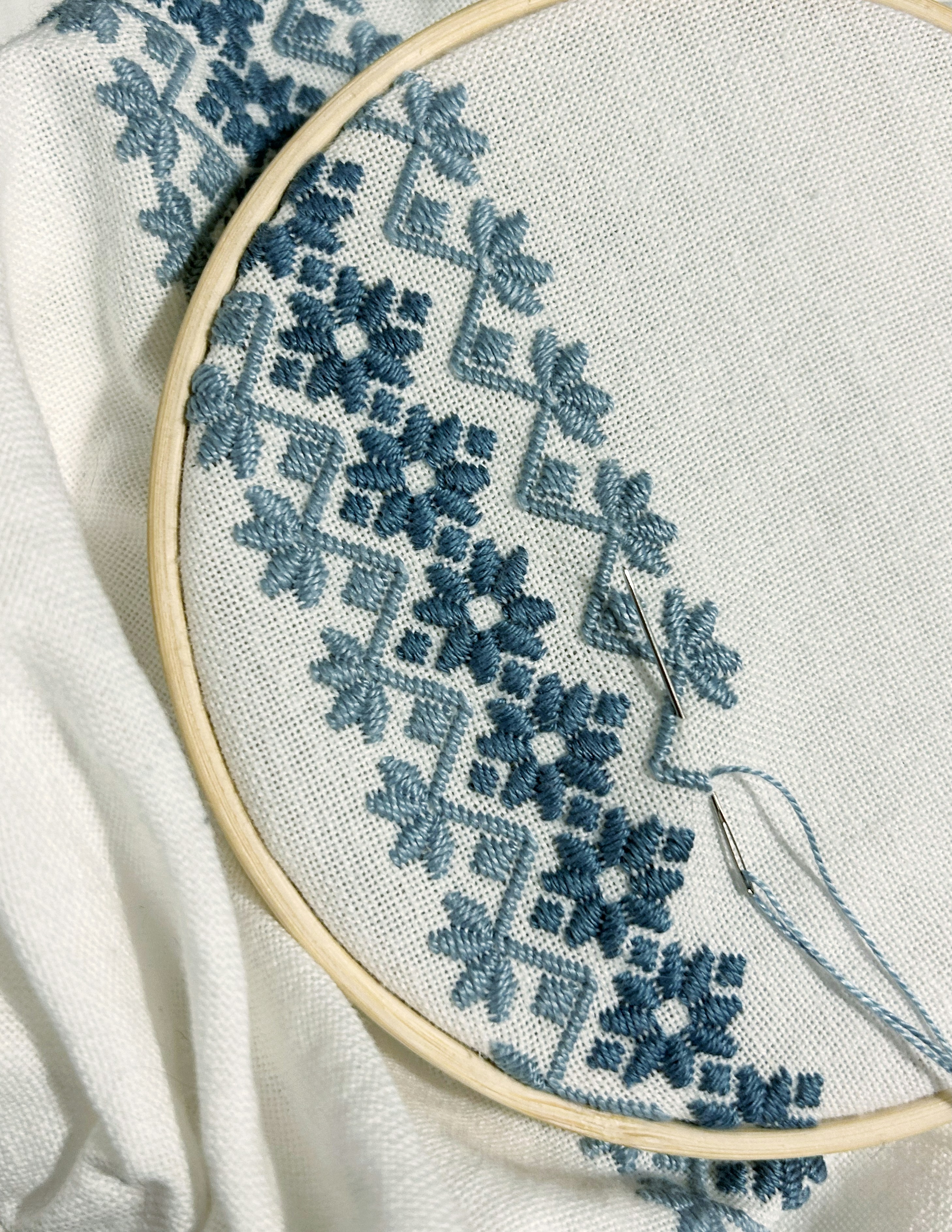 A close up of a embroidery on a white cloth