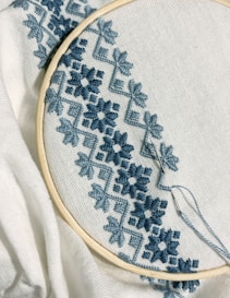 A close up of a embroidery on a white cloth