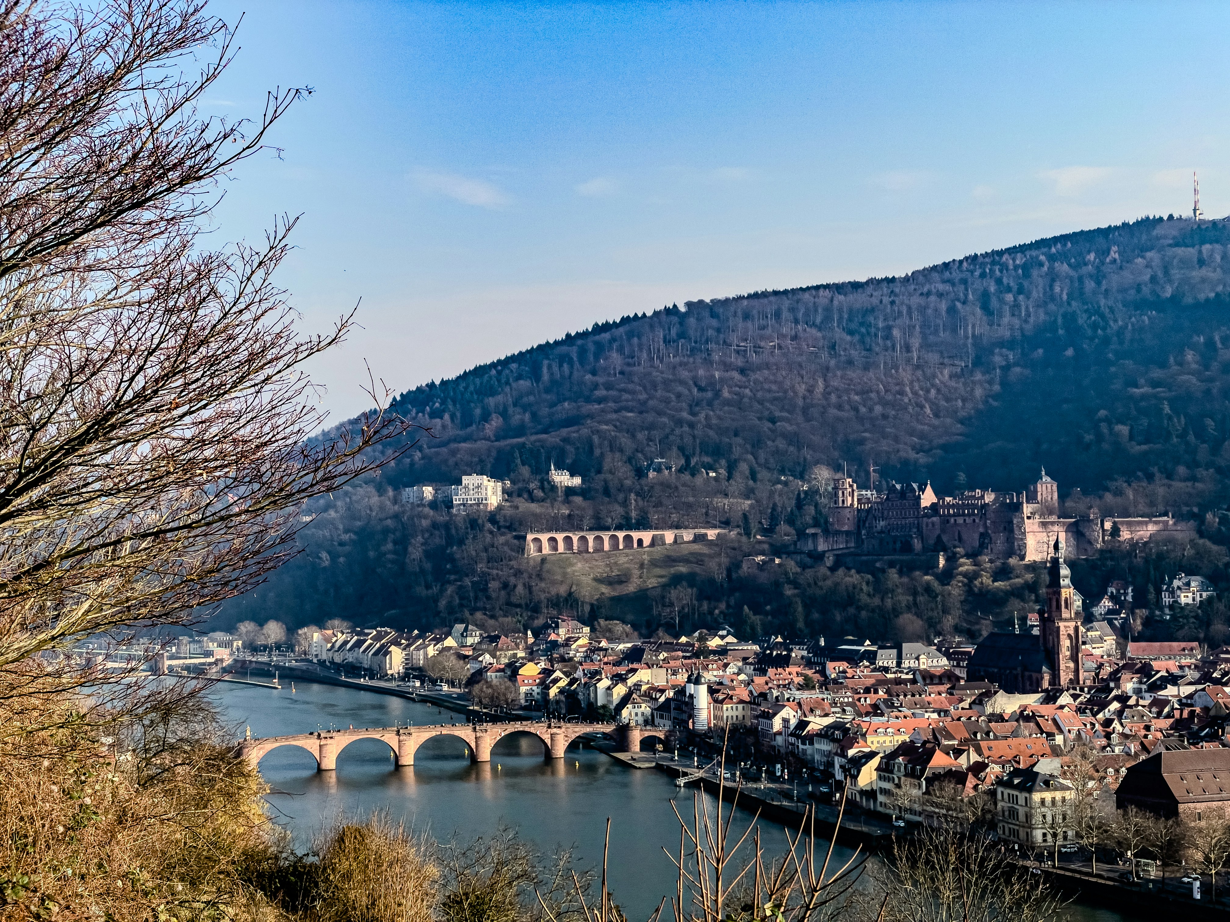 A view of a city with a bridge and mountains in the background