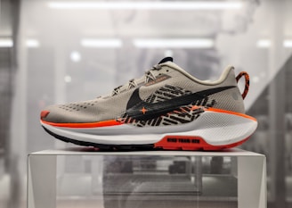 A pair of sneakers on display in a glass case