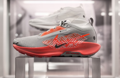 A pair of sneakers on a metal stand