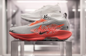 A pair of sneakers on a metal stand