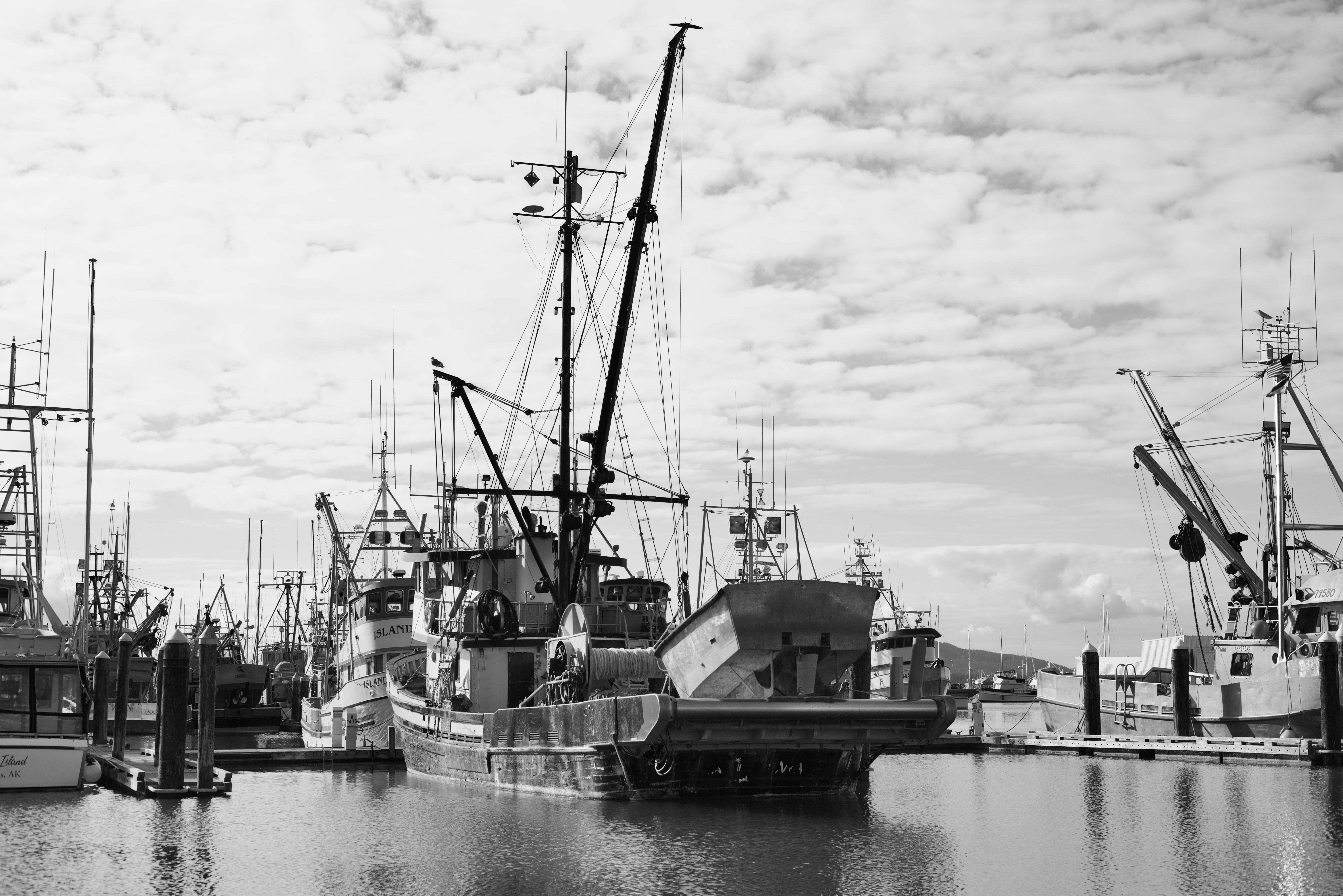 Una foto en blanco y negro de varios barcos en un puerto