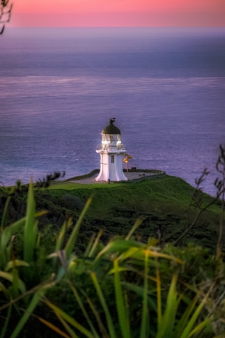 A lighthouse on a hill overlooking the ocean