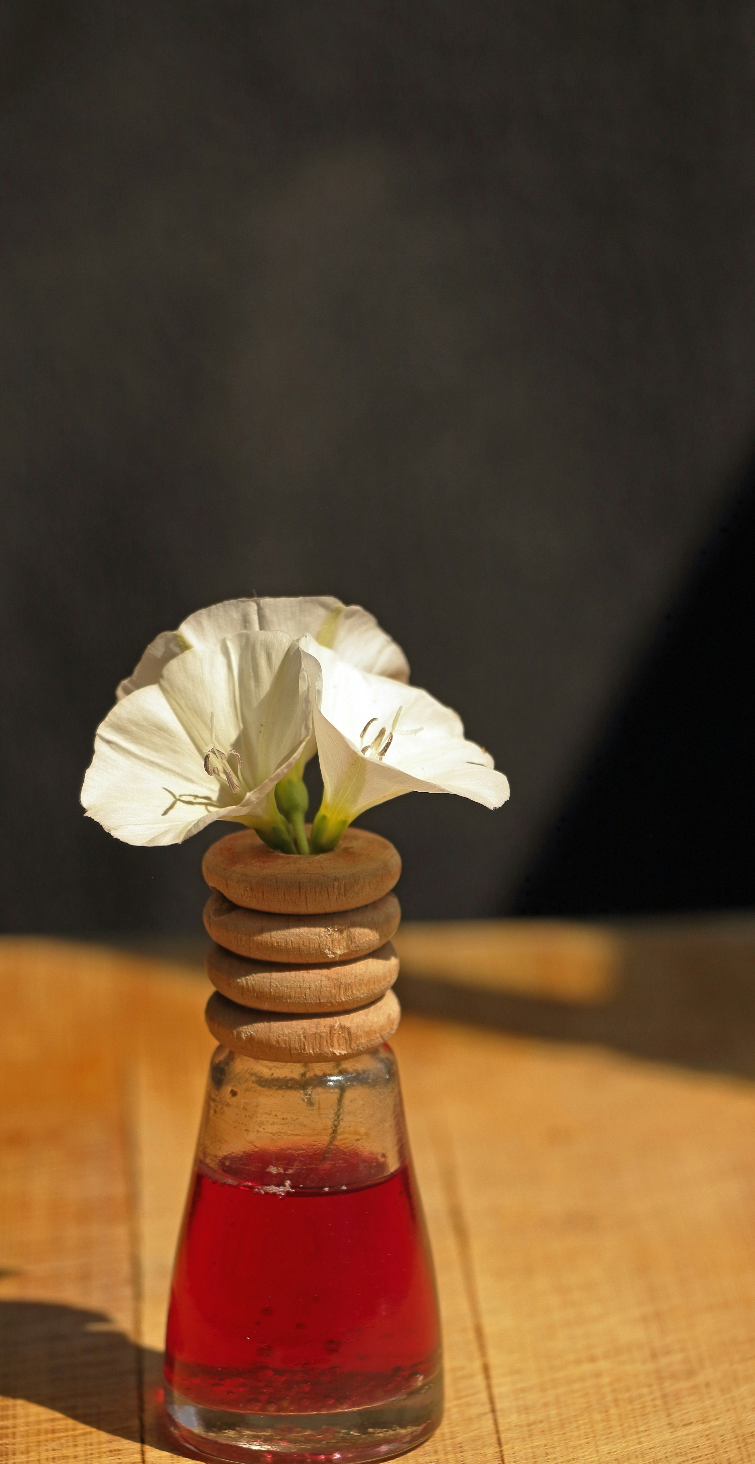 A small vase with a flower on top of it
