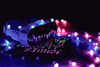 A close up of a camera with a lot of lights around it