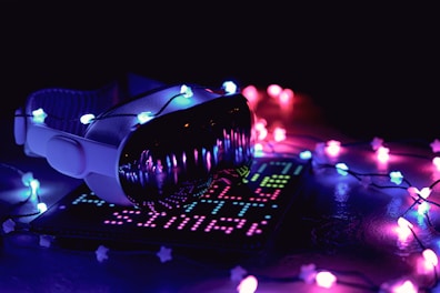 A close up of a camera with a lot of lights around it