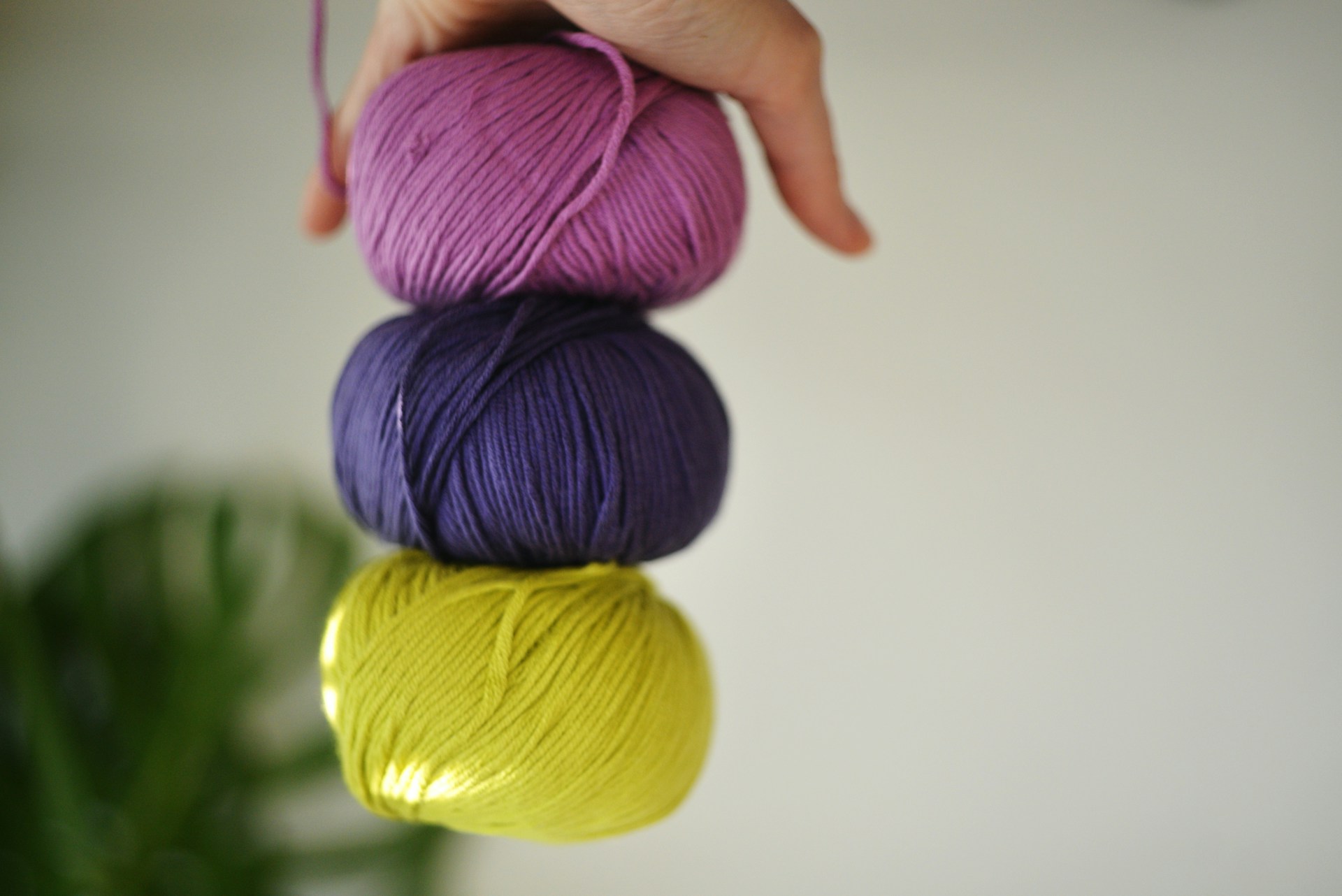 A hand is holding a ball of yarn