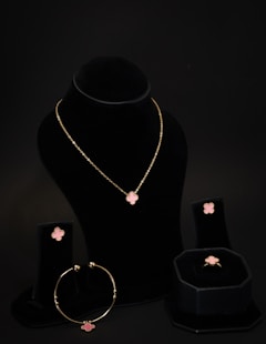 A necklace, bracelet, ring and earrings on a display