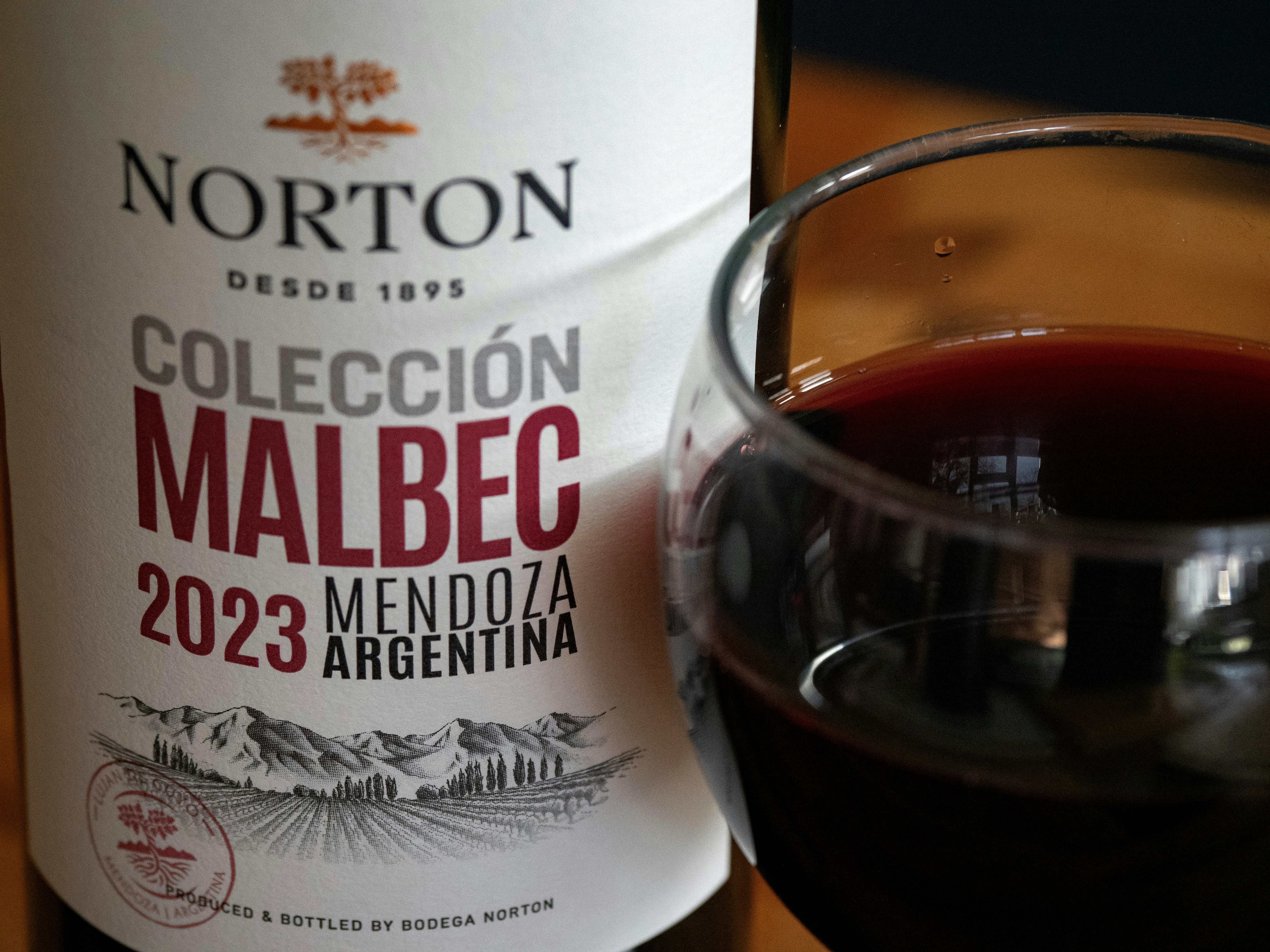 A glass of red wine next to a bottle of malbec, wine, red wine, alcohol, product shot, blurred background, brick, wood, bokeh, wine glass, malbec, mendoza, argentina, norton, 2023,