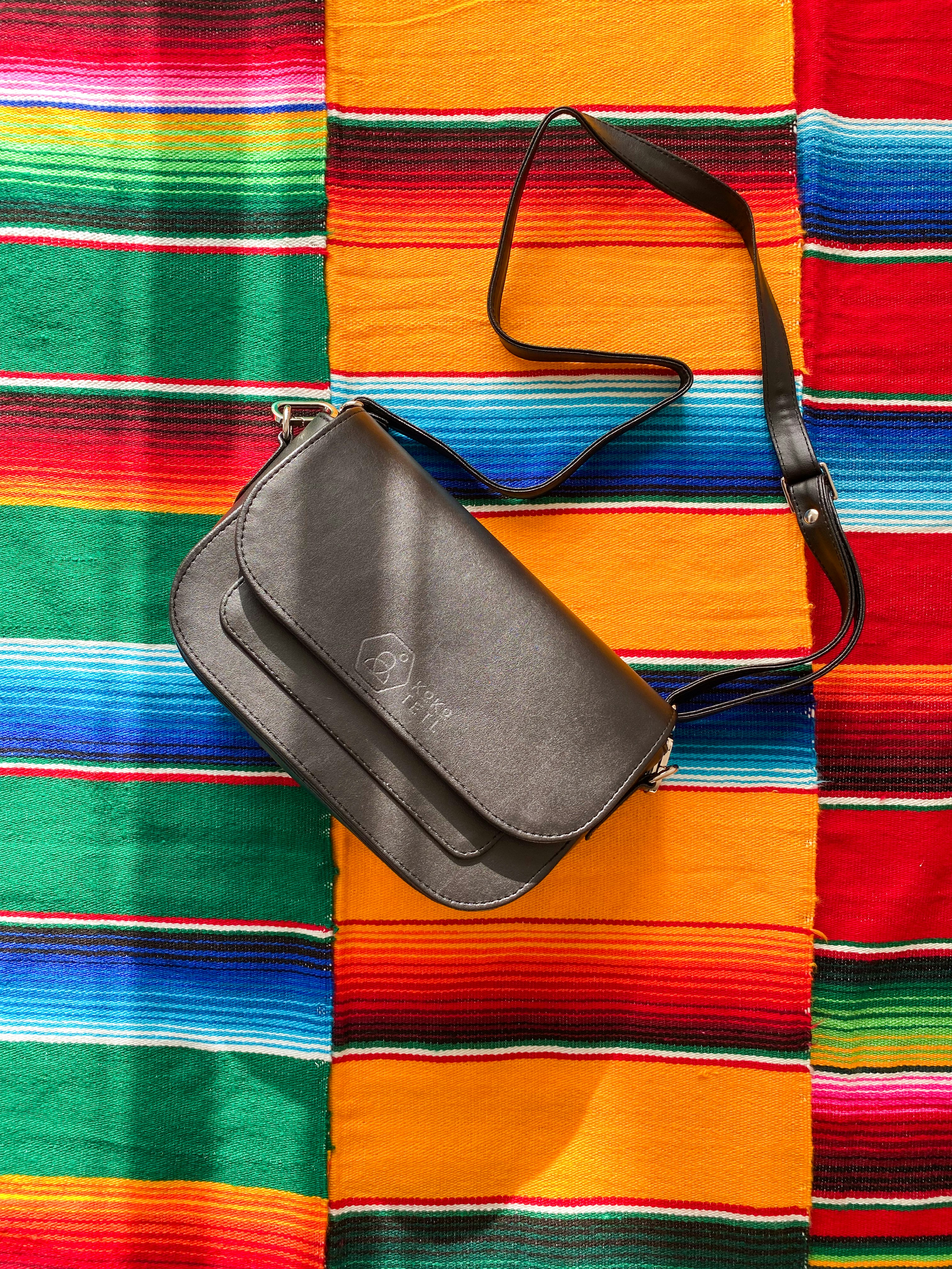 A black purse sitting on top of a colorful blanket