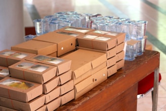 A bunch of boxes that are sitting on a table
