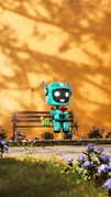 A little robot sitting on a bench in front of a yellow wall