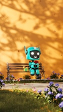 A little robot sitting on a bench in front of a yellow wall