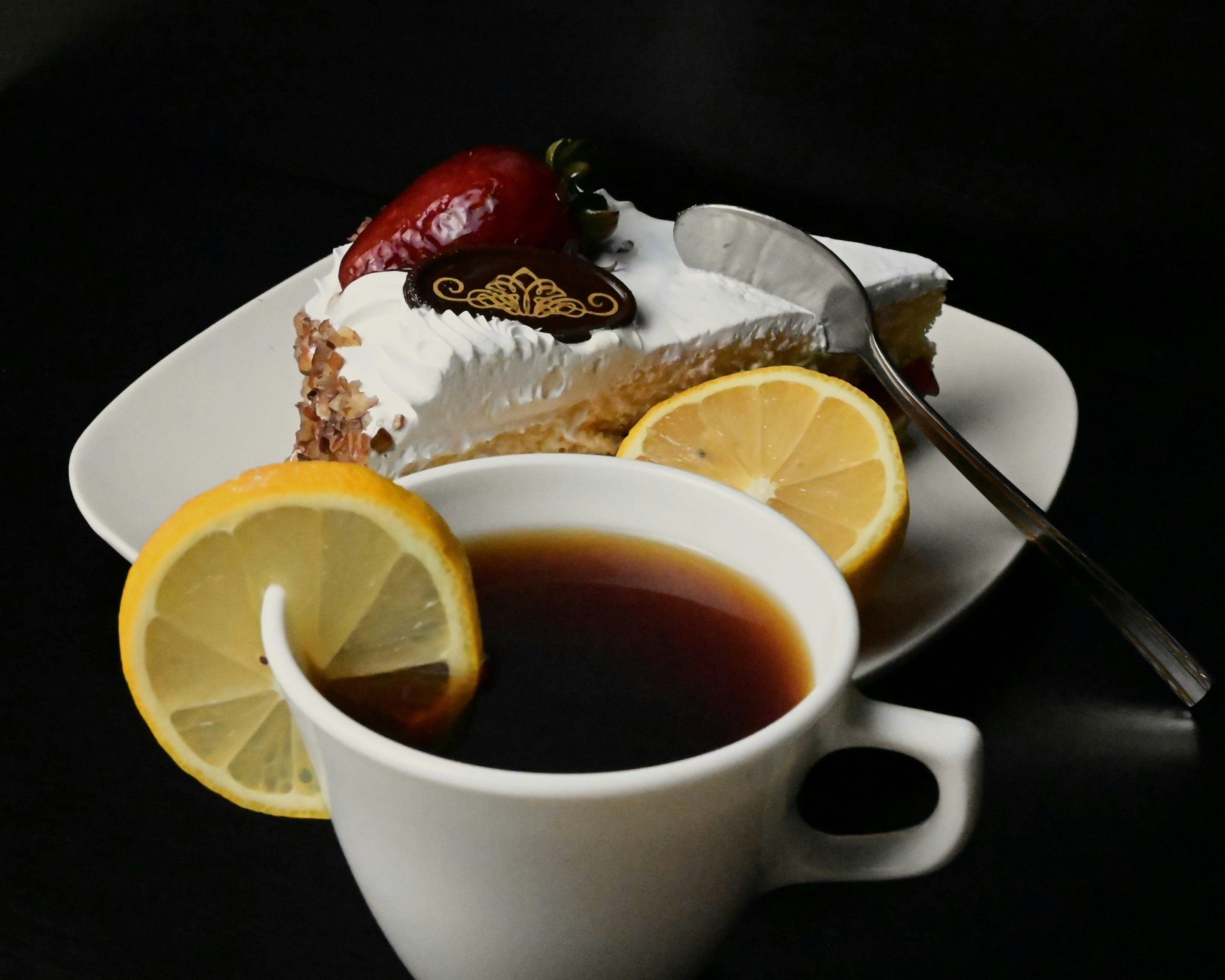 A piece of cake and a cup of tea