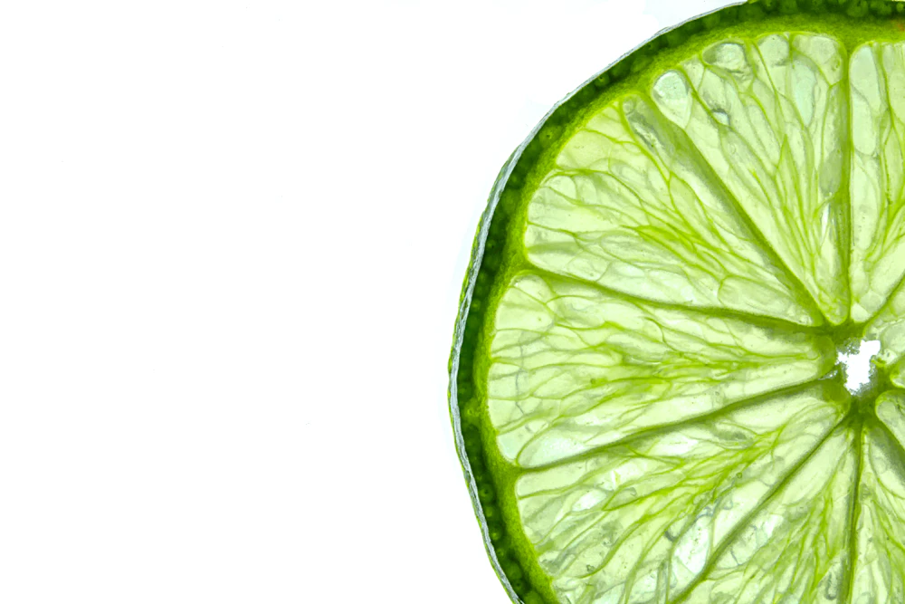 A bright lime cut in half on a white background