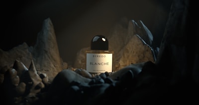 A bottle of perfume sitting on top of a pile of rocks