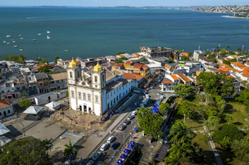 An aerial view of a city with a large body of water
