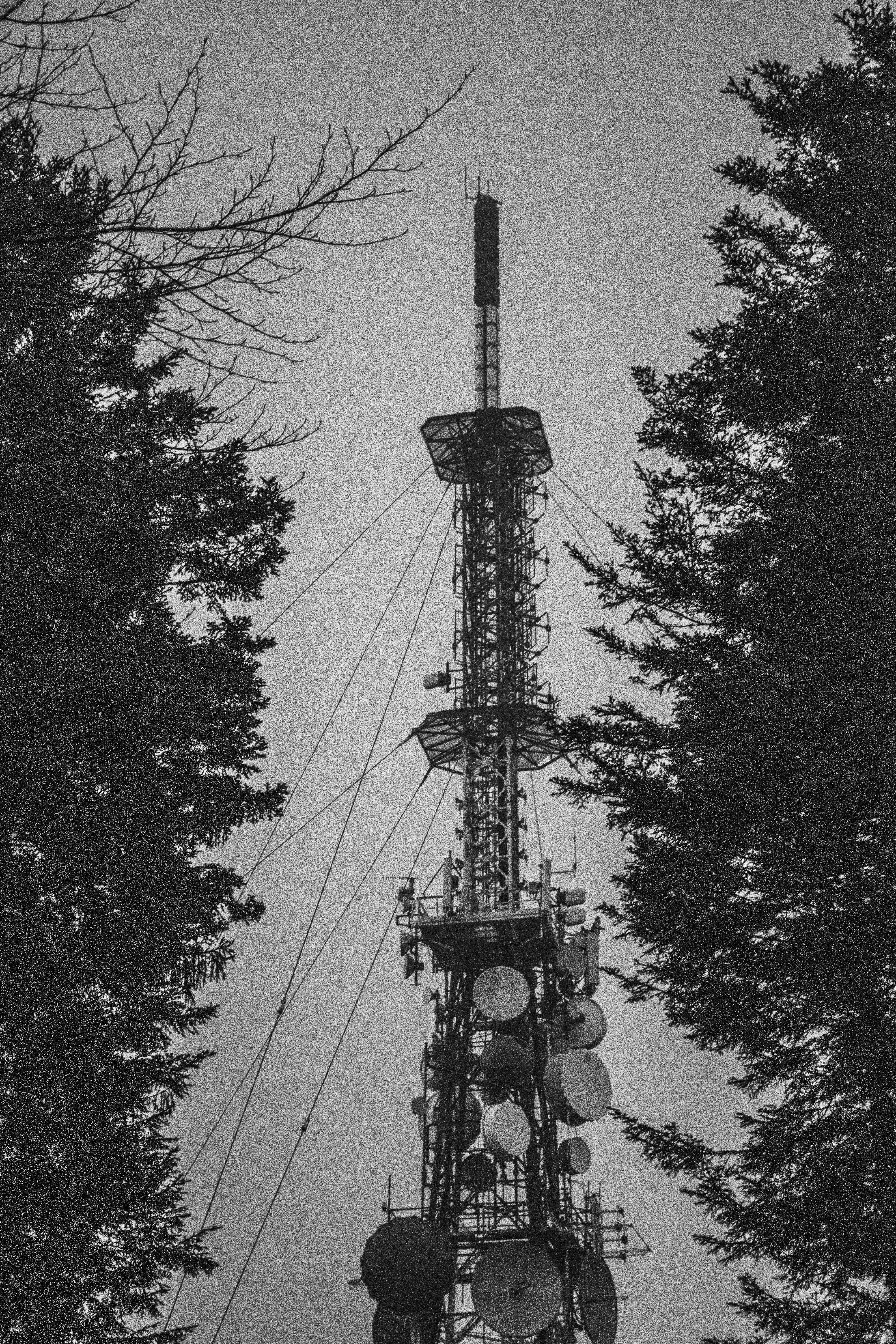 A black and white photo of a cell phone tower