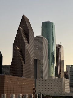 A view of a city with tall buildings