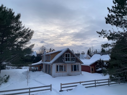 A house in the middle of a snowy field