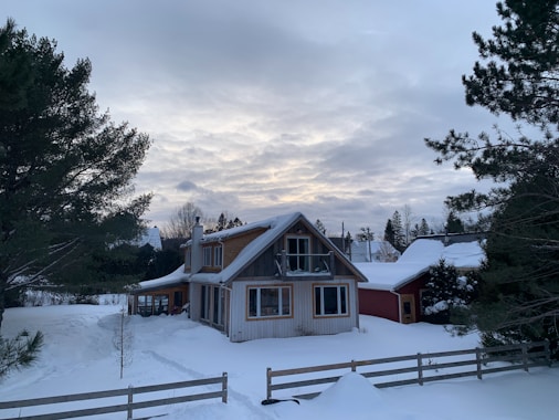A house in the middle of a snowy field