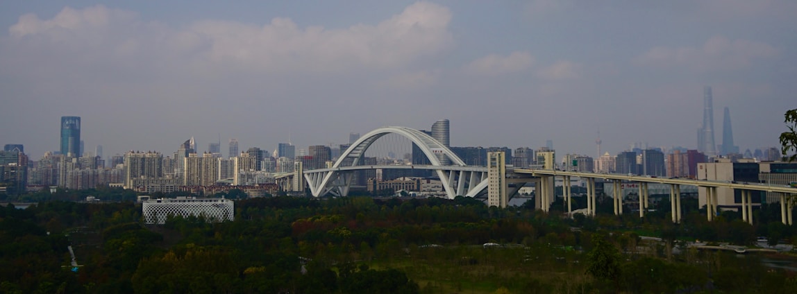 A view of a city with a bridge in the foreground