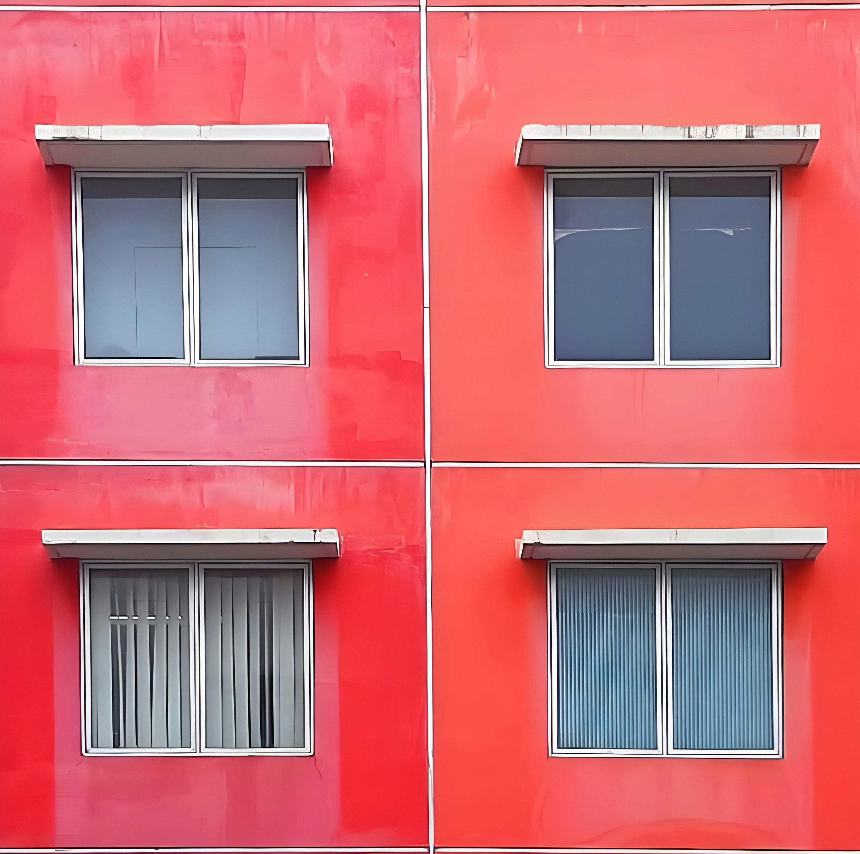Un edificio rosso con diverse finestre e sbarre
