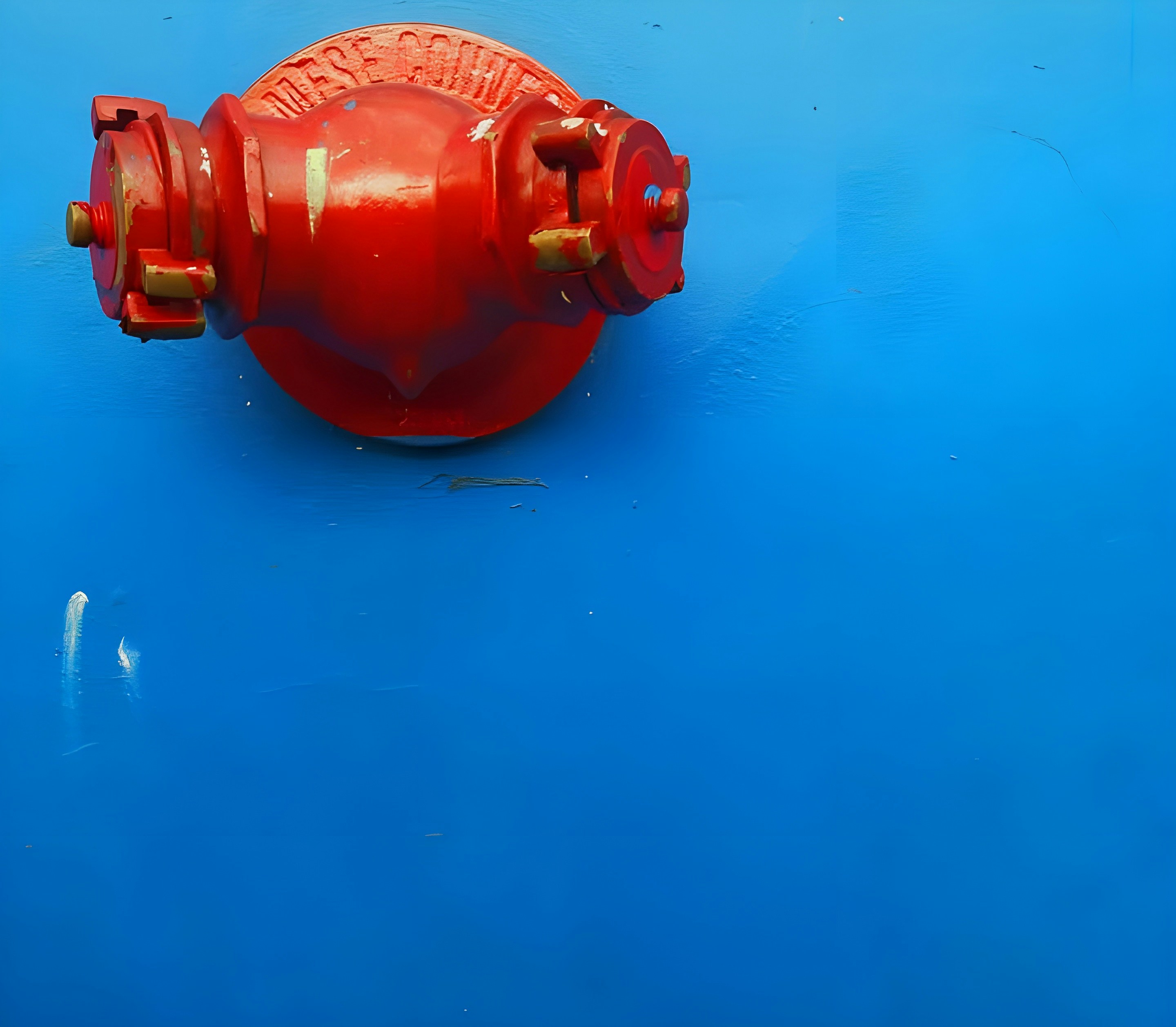 Un idrante antincendio rosso su una superficie blu