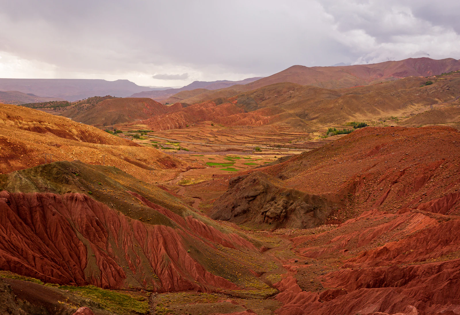A green valley with a mountain in the background