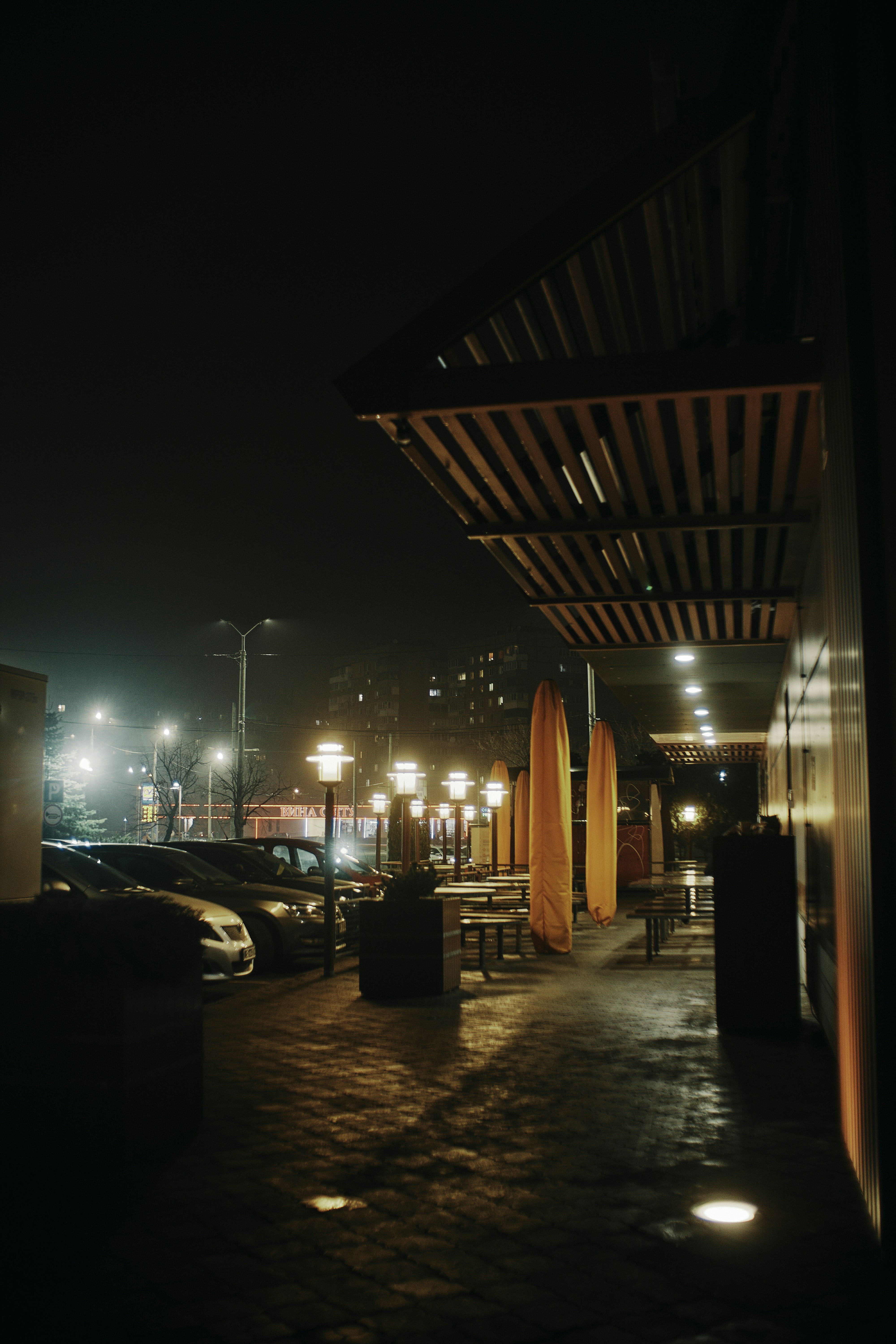A night time view of a parking lot